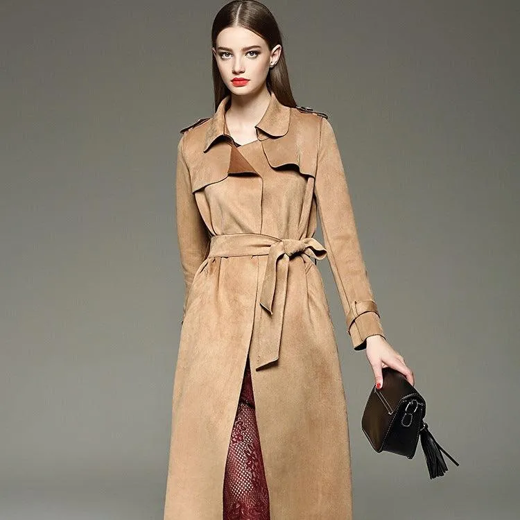 Autumn and winter new ladies fashion long slim slimming suede suede temperament windbreaker