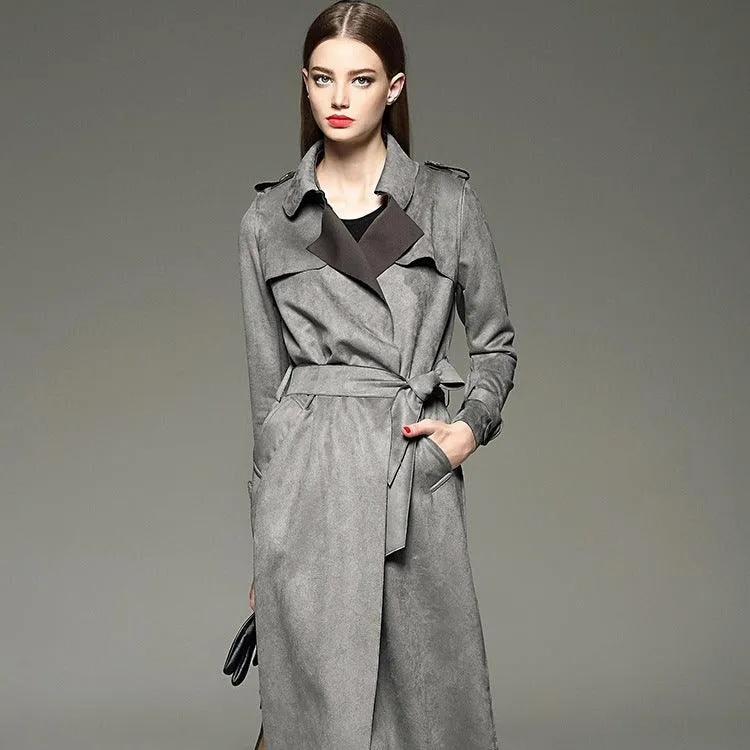 Autumn and winter new ladies fashion long slim slimming suede suede temperament windbreaker