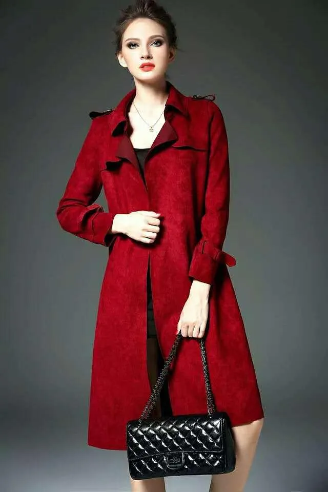 Autumn and winter new ladies fashion long slim slimming suede suede temperament windbreaker