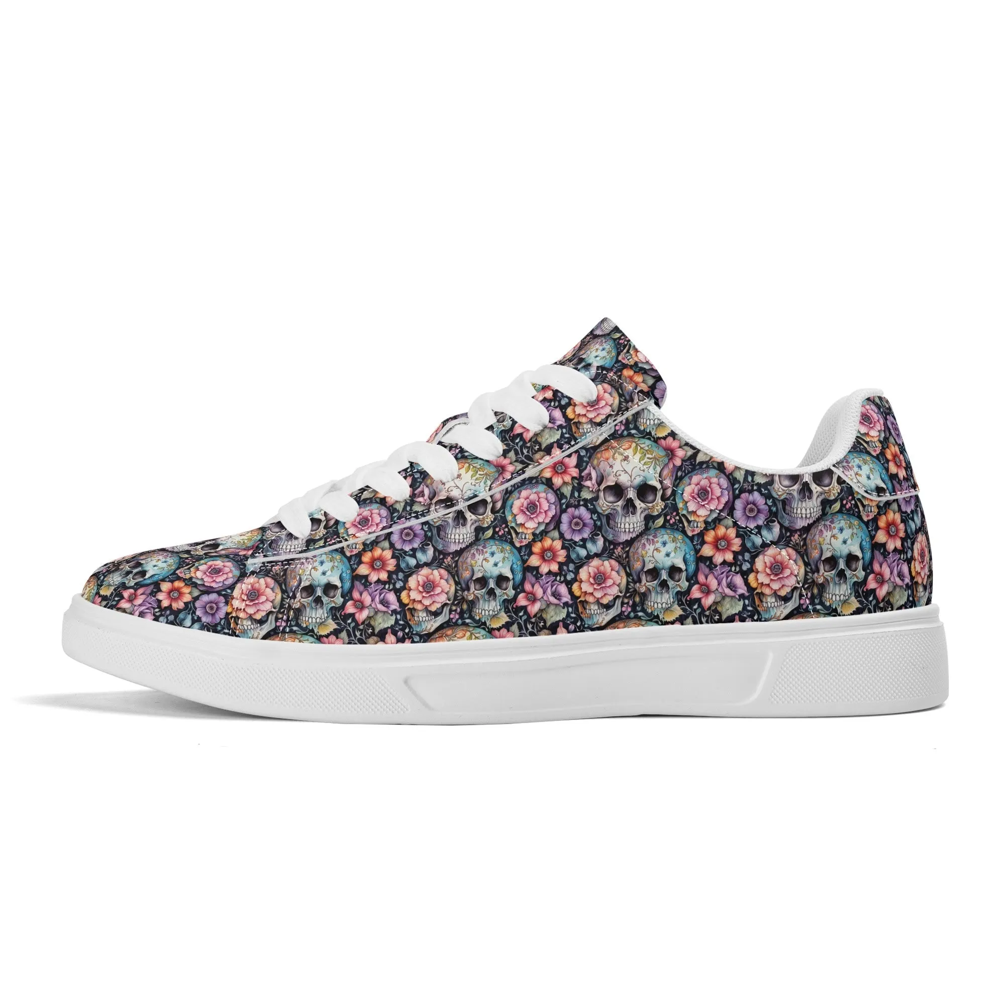 Pastel Floral and Skulls Adult Lightweight Brand Low Top Leather Shoes