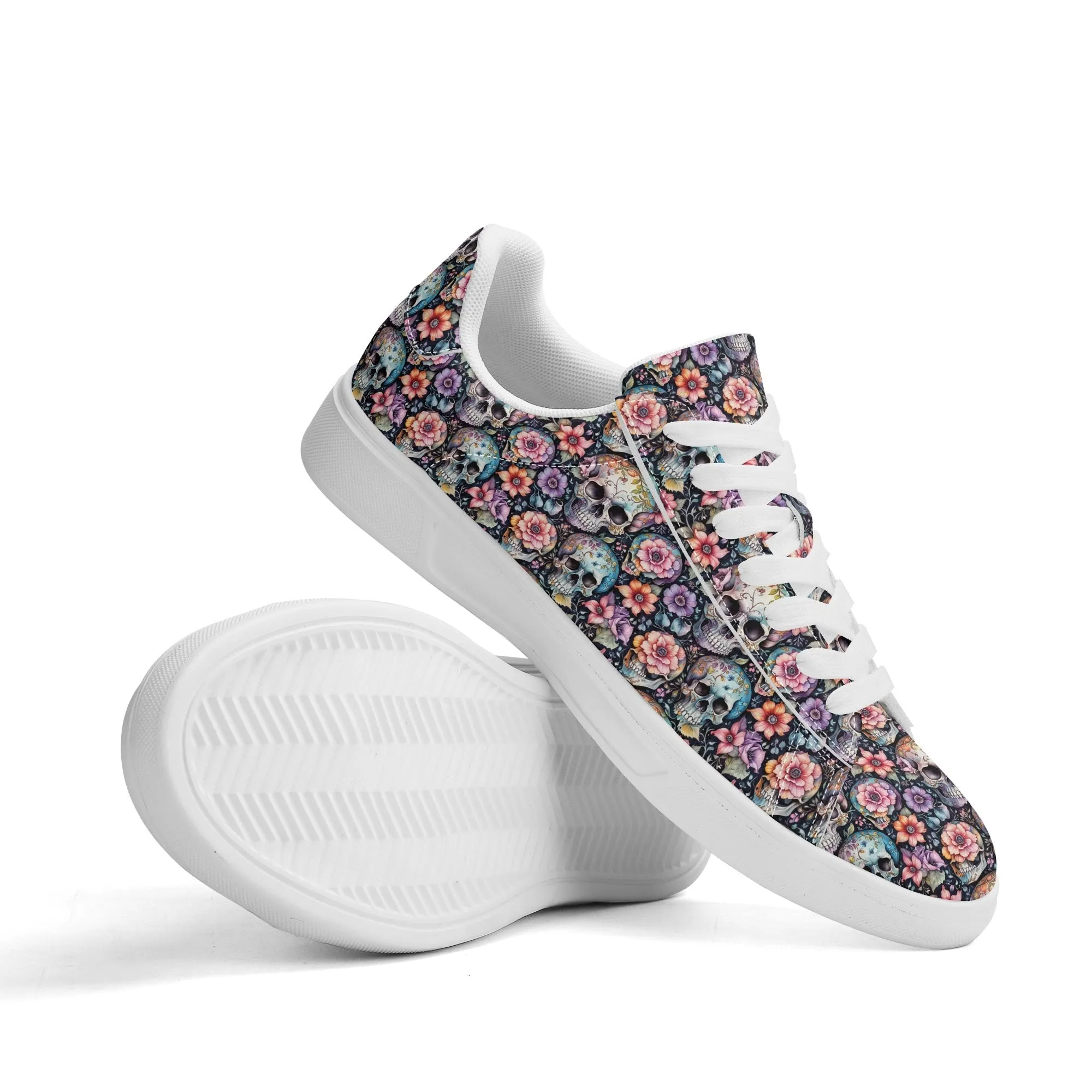 Pastel Floral and Skulls Adult Lightweight Brand Low Top Leather Shoes