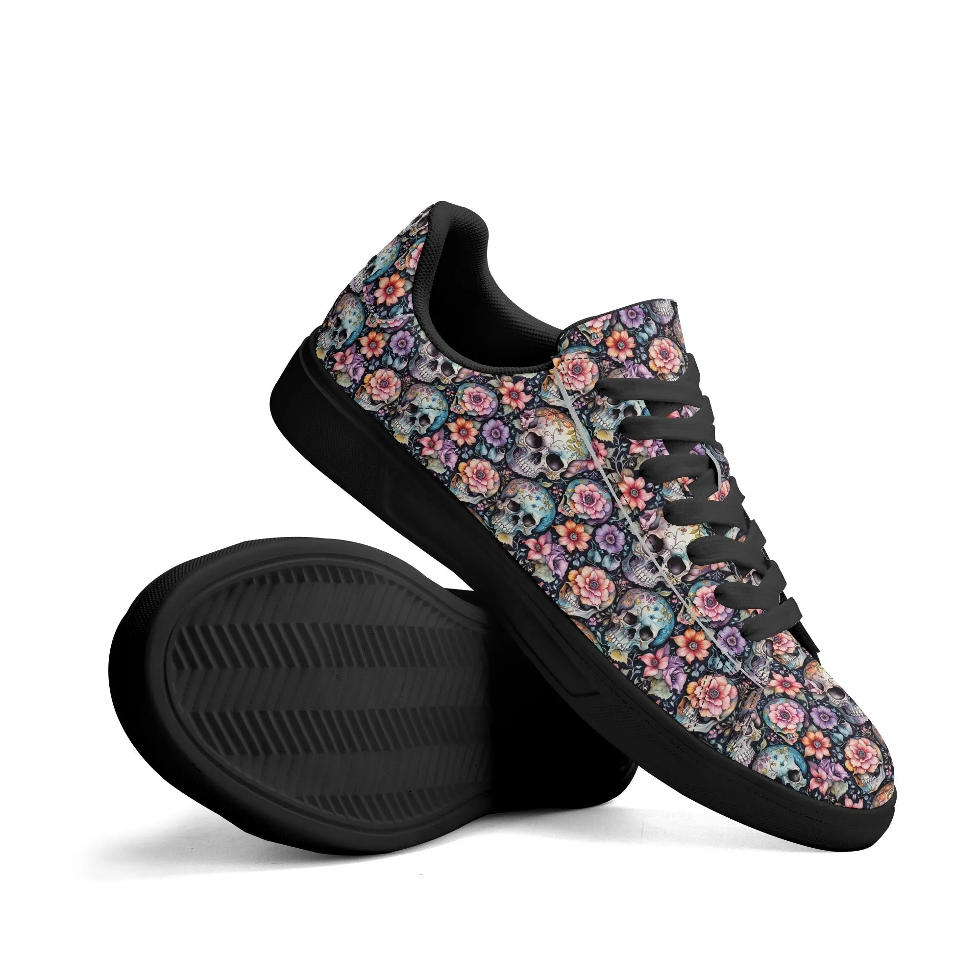 Pastel Floral and Skulls Adult Lightweight Brand Low Top Leather Shoes