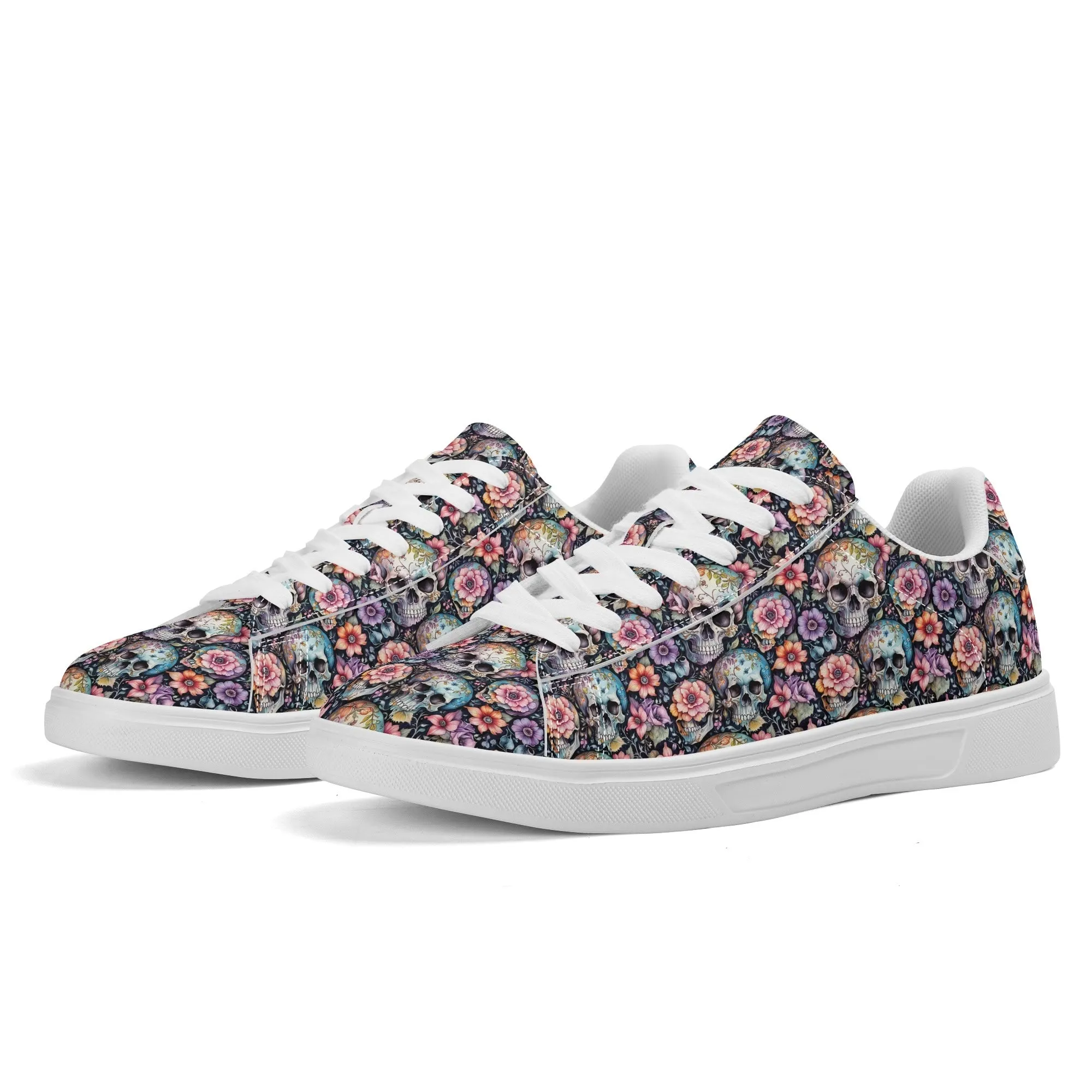Pastel Floral and Skulls Adult Lightweight Brand Low Top Leather Shoes