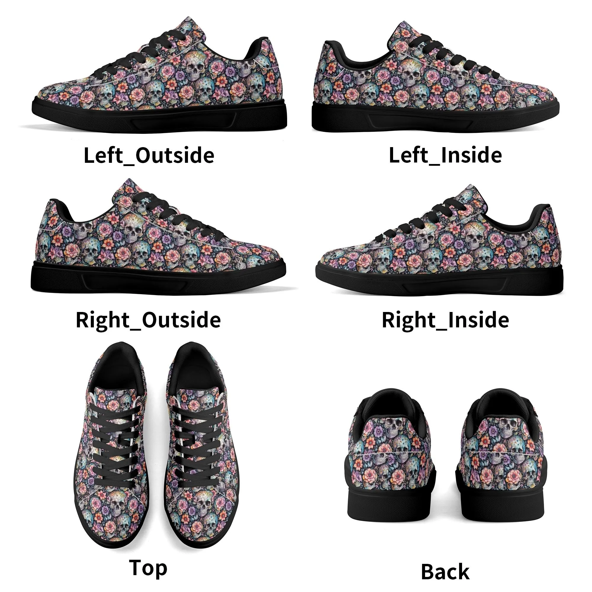 Pastel Floral and Skulls Adult Lightweight Brand Low Top Leather Shoes