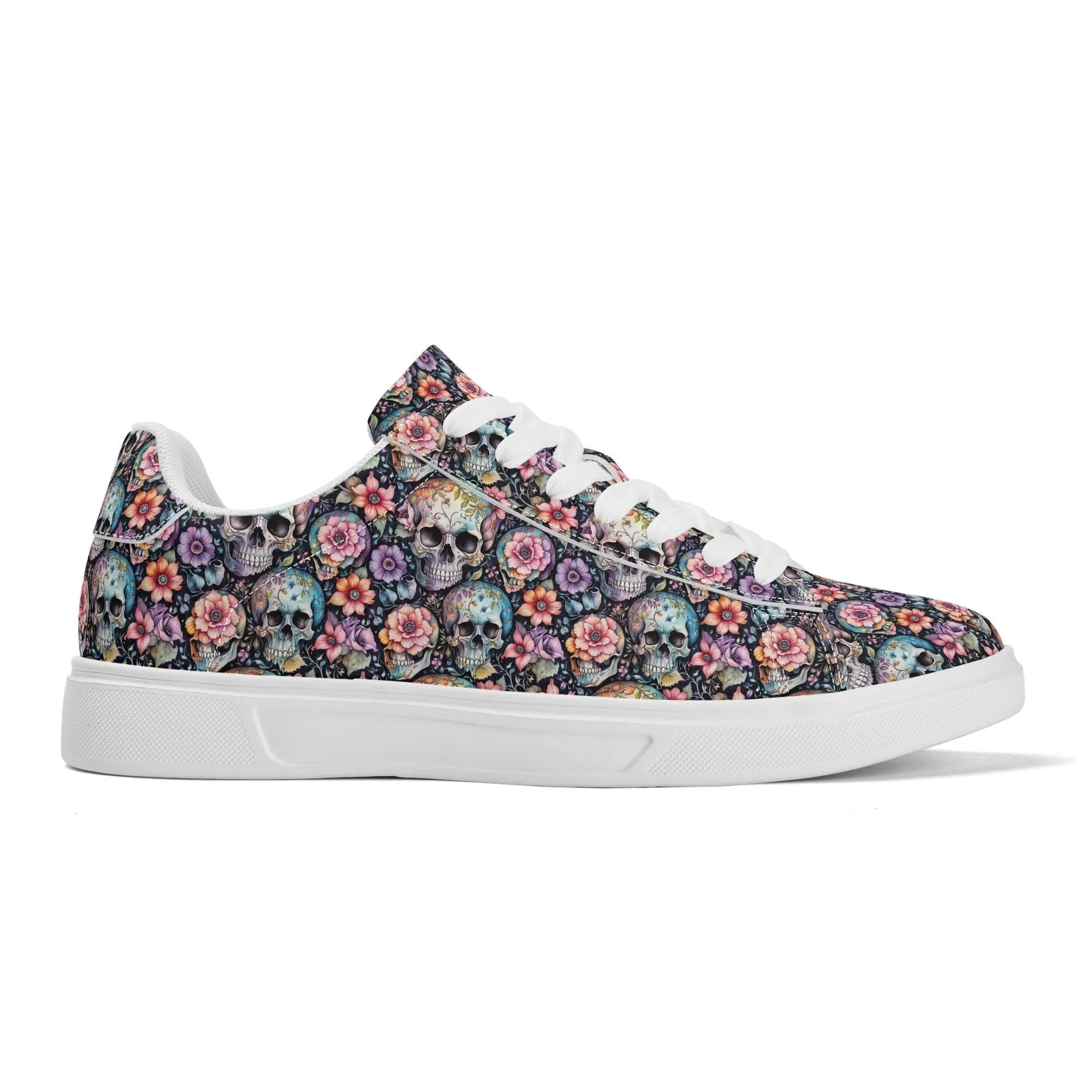 Pastel Floral and Skulls Adult Lightweight Brand Low Top Leather Shoes