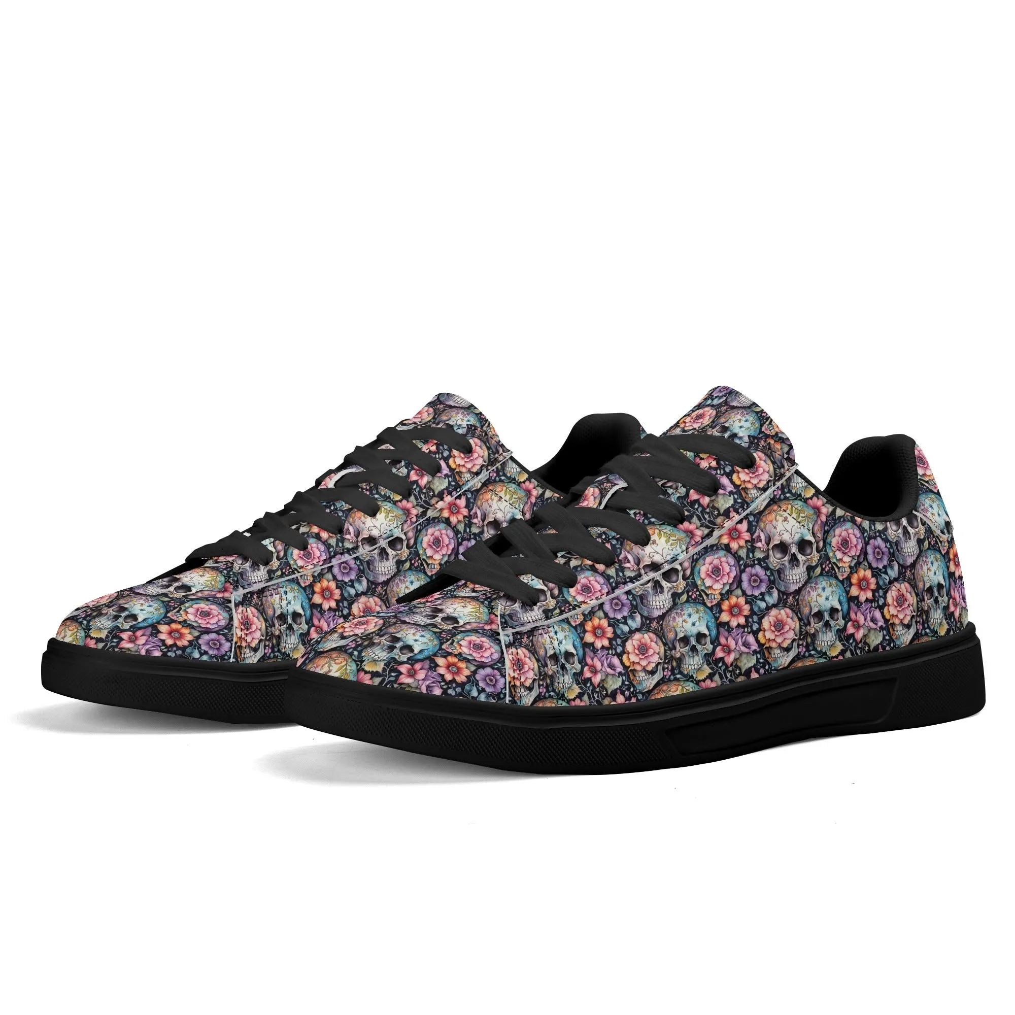 Pastel Floral and Skulls Adult Lightweight Brand Low Top Leather Shoes