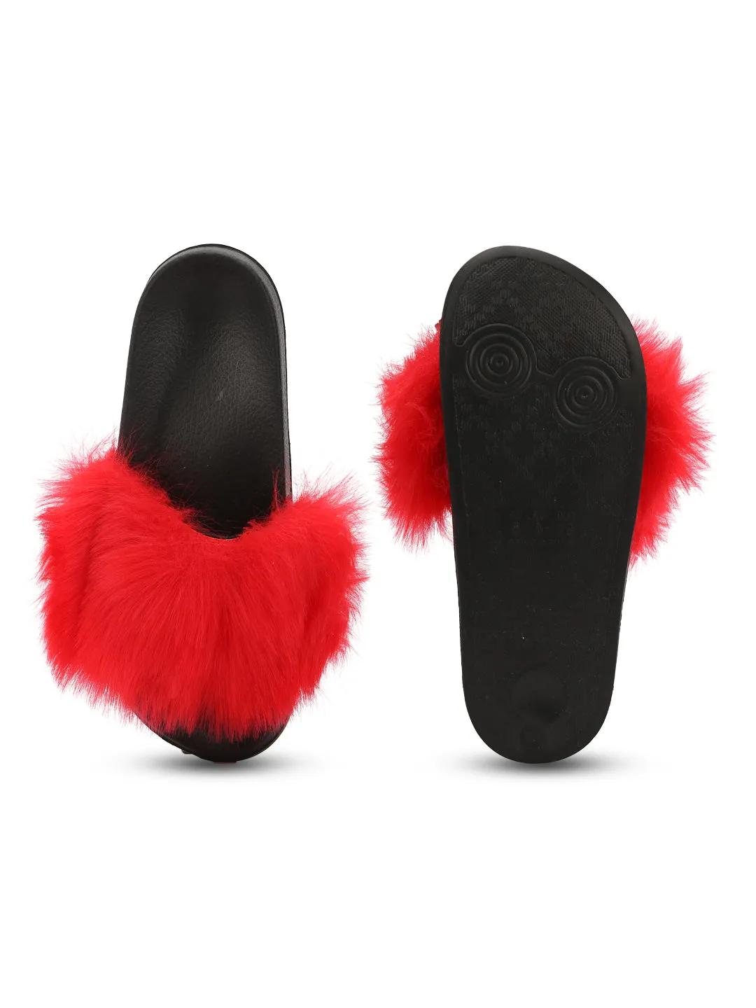 Red Black Fur Slip-on Flats