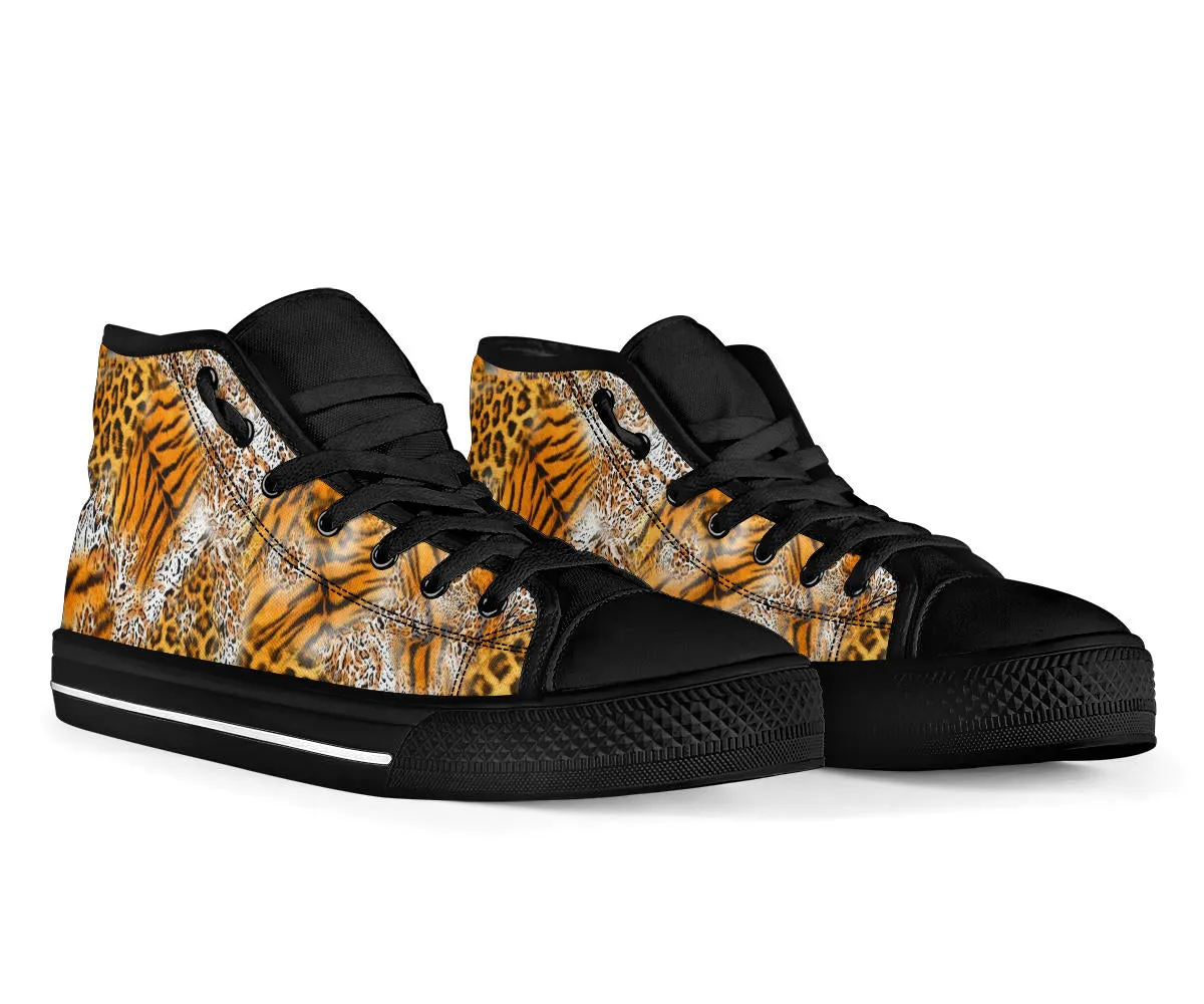 Tiger Cheetah Collage High Top Sneaker Custom Shoes with Black Sole