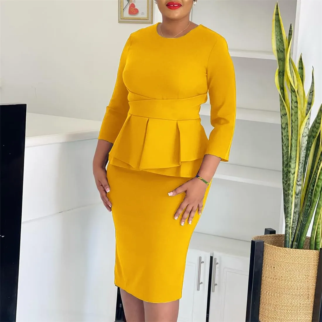 Wear to Work Midi Dress for Women Business Casual Ruffle Pencil Dress Elegance Church Outfits