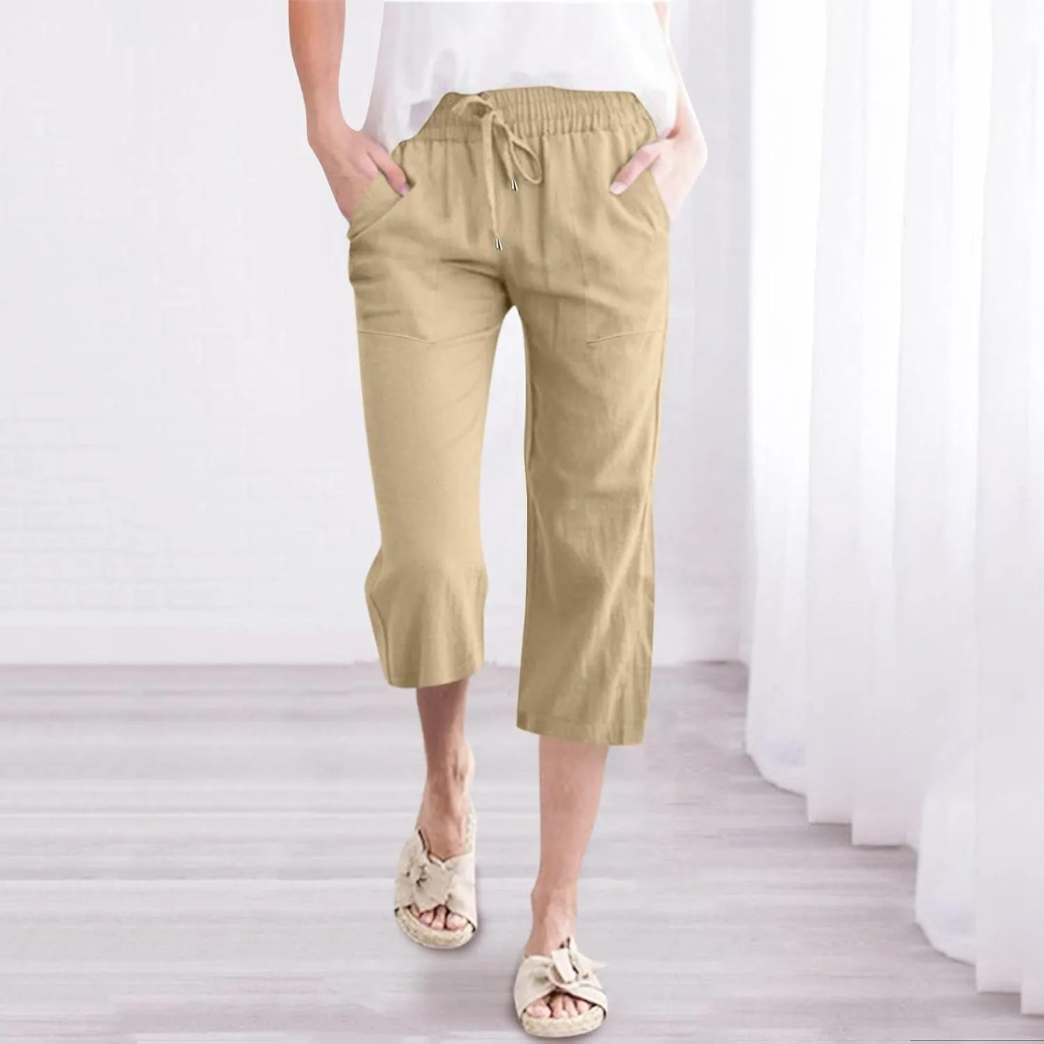 Womens Casual Capri Pants Summer Linen Elastic Waist Straight Loose Crop Trouser Lounge Athletic Yoga Pants Plus Size