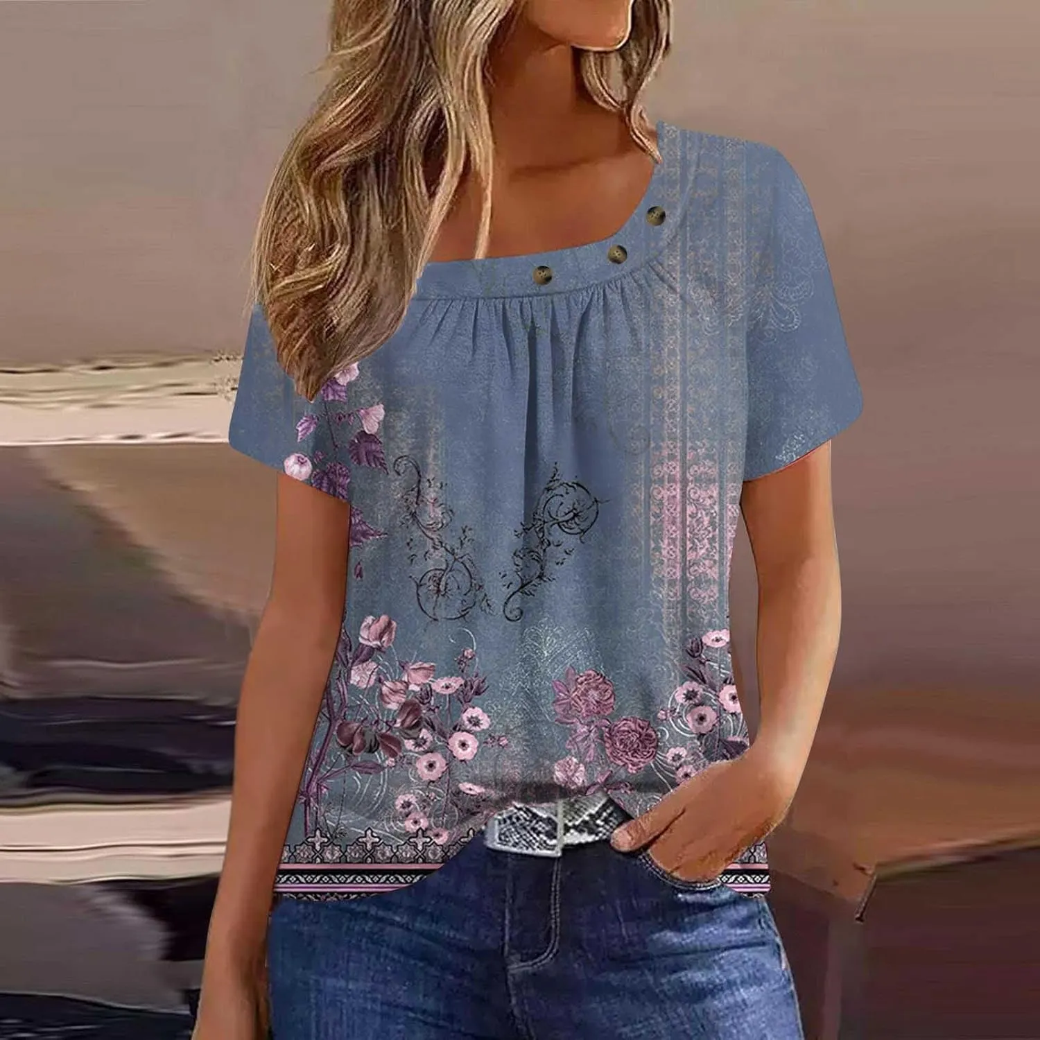 Womens Summer Tops Dressy Trendy Boho Floral Print Short Sleeve T Shirts Casual Loose Fit Basic Tunic Blouses Tees