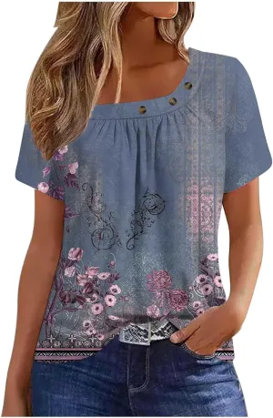 Womens Summer Tops Dressy Trendy Boho Floral Print Short Sleeve T Shirts Casual Loose Fit Basic Tunic Blouses Tees