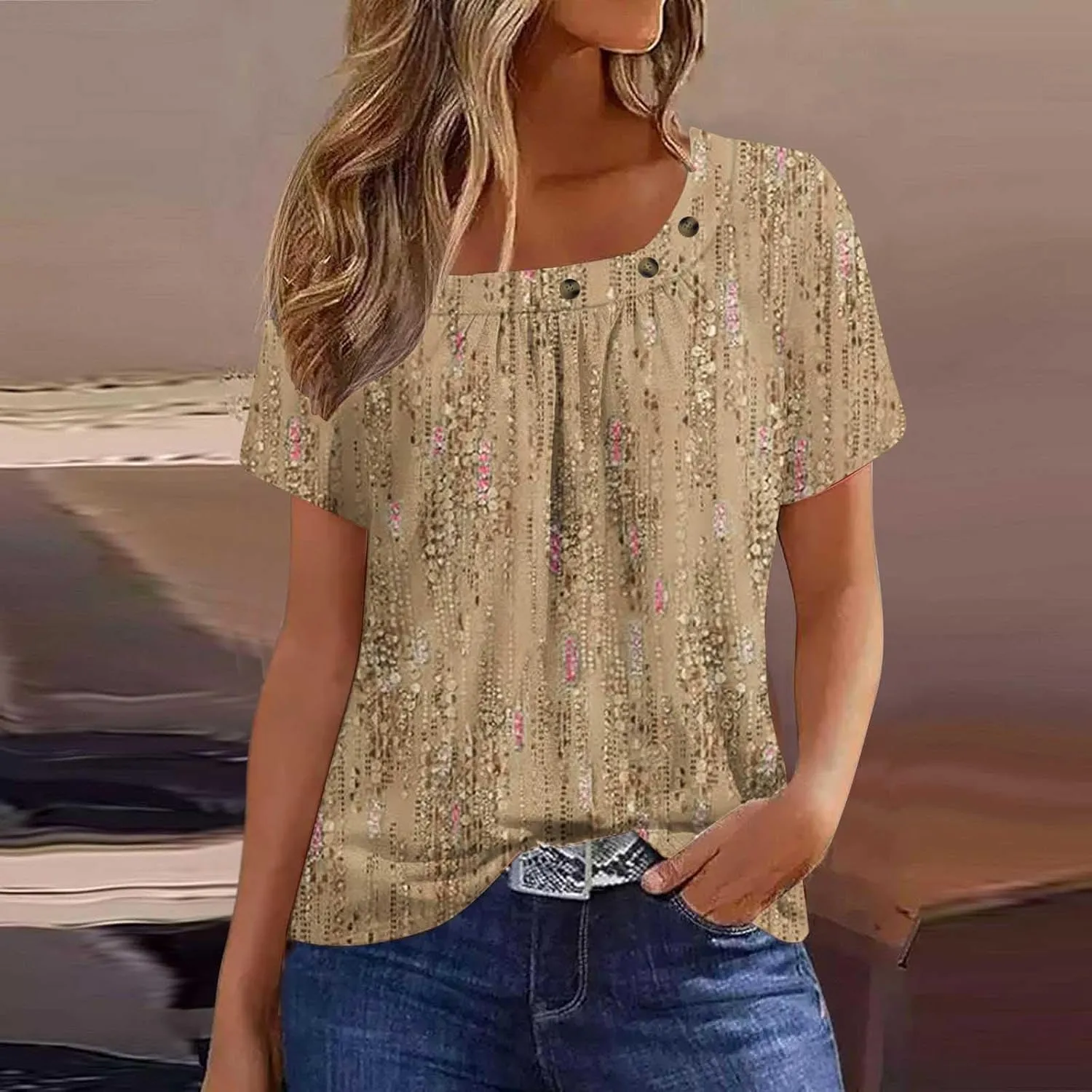 Womens Summer Tops Dressy Trendy Boho Floral Print Short Sleeve T Shirts Casual Loose Fit Basic Tunic Blouses Tees