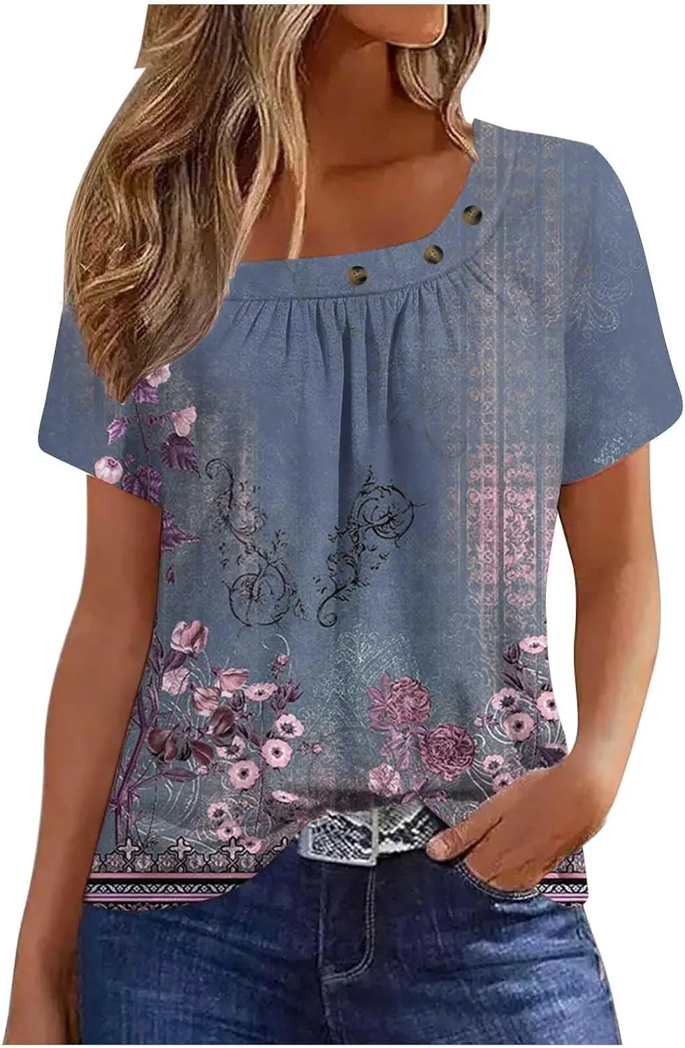 Womens Summer Tops Dressy Trendy Boho Floral Print Short Sleeve T Shirts Casual Loose Fit Basic Tunic Blouses Tees